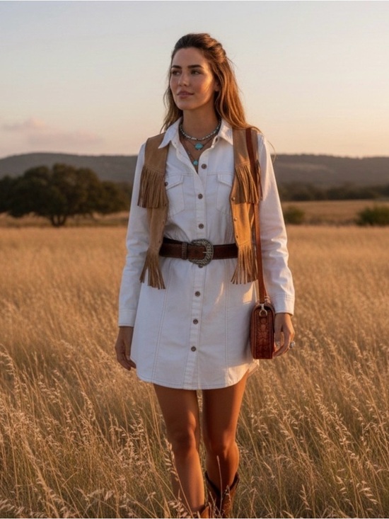 Frye Dresses & Skirts - FRYE 100% Cotton White Denim Shirt Bone Cinched Waist Boho Western Rodeo Dress